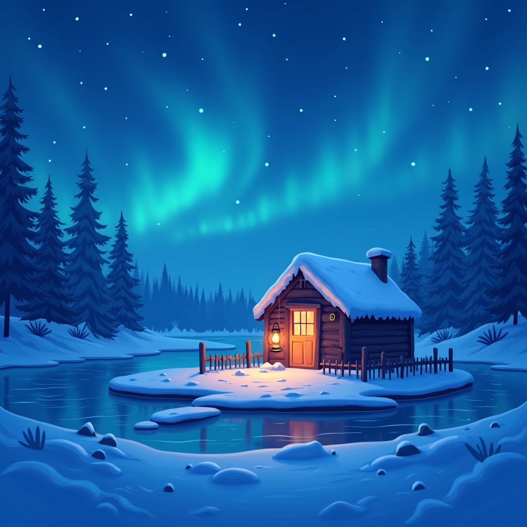 Ice fishing shelter with lantern glow