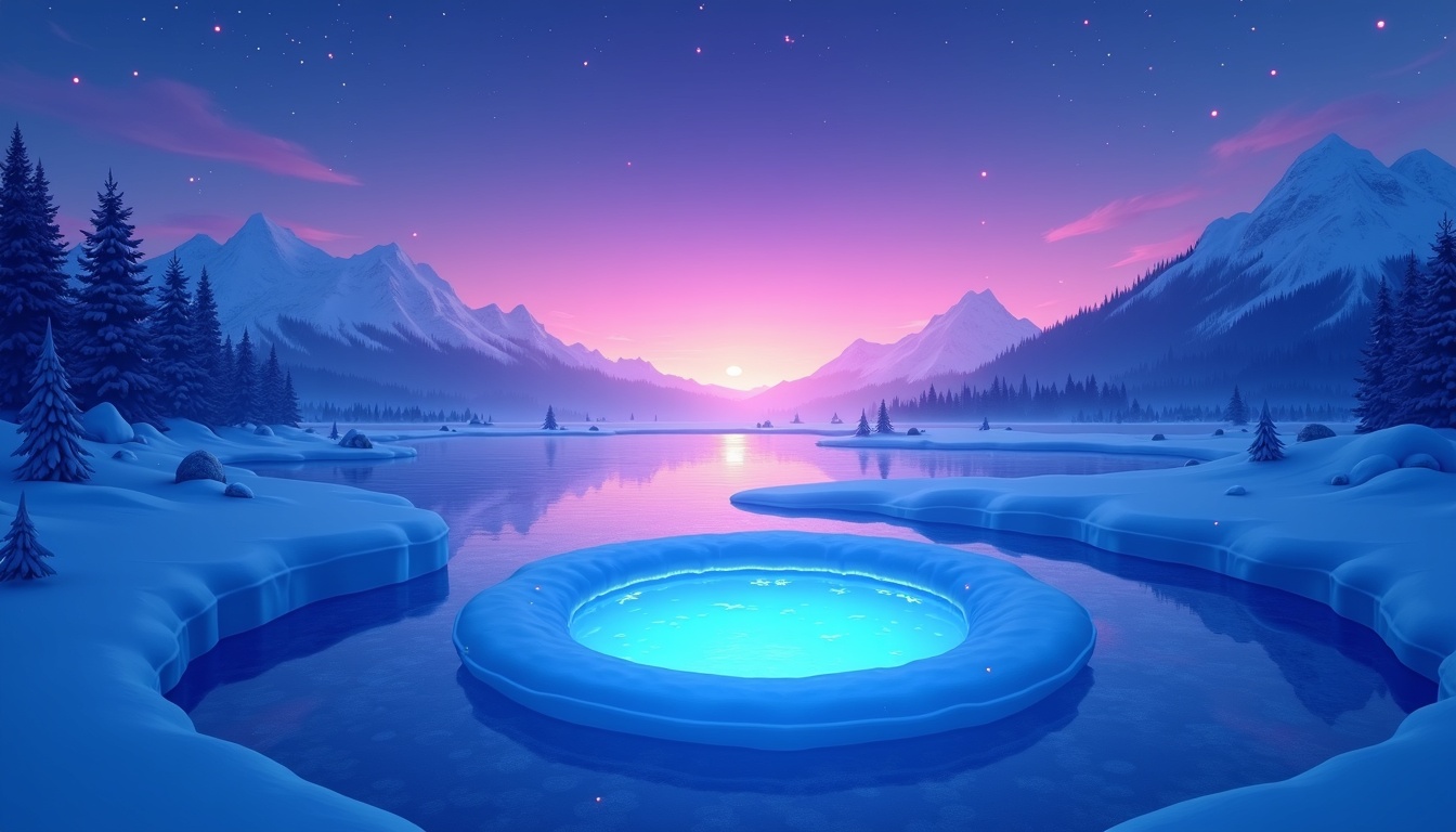 Frozen lake with an ice fishing hole under aurora light