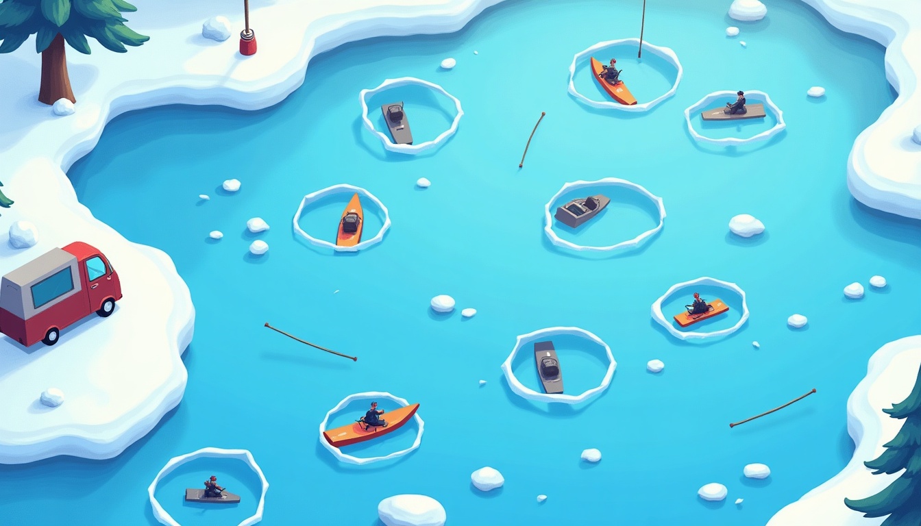 Stylized frozen lake with a trail of fishing holes